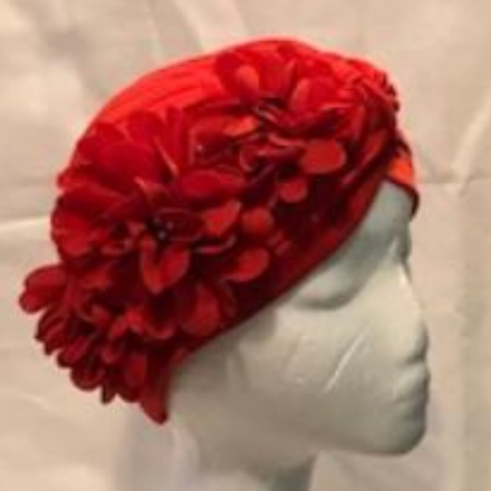 Women's Slip On Hat Flower Turban Hijab Cap Red